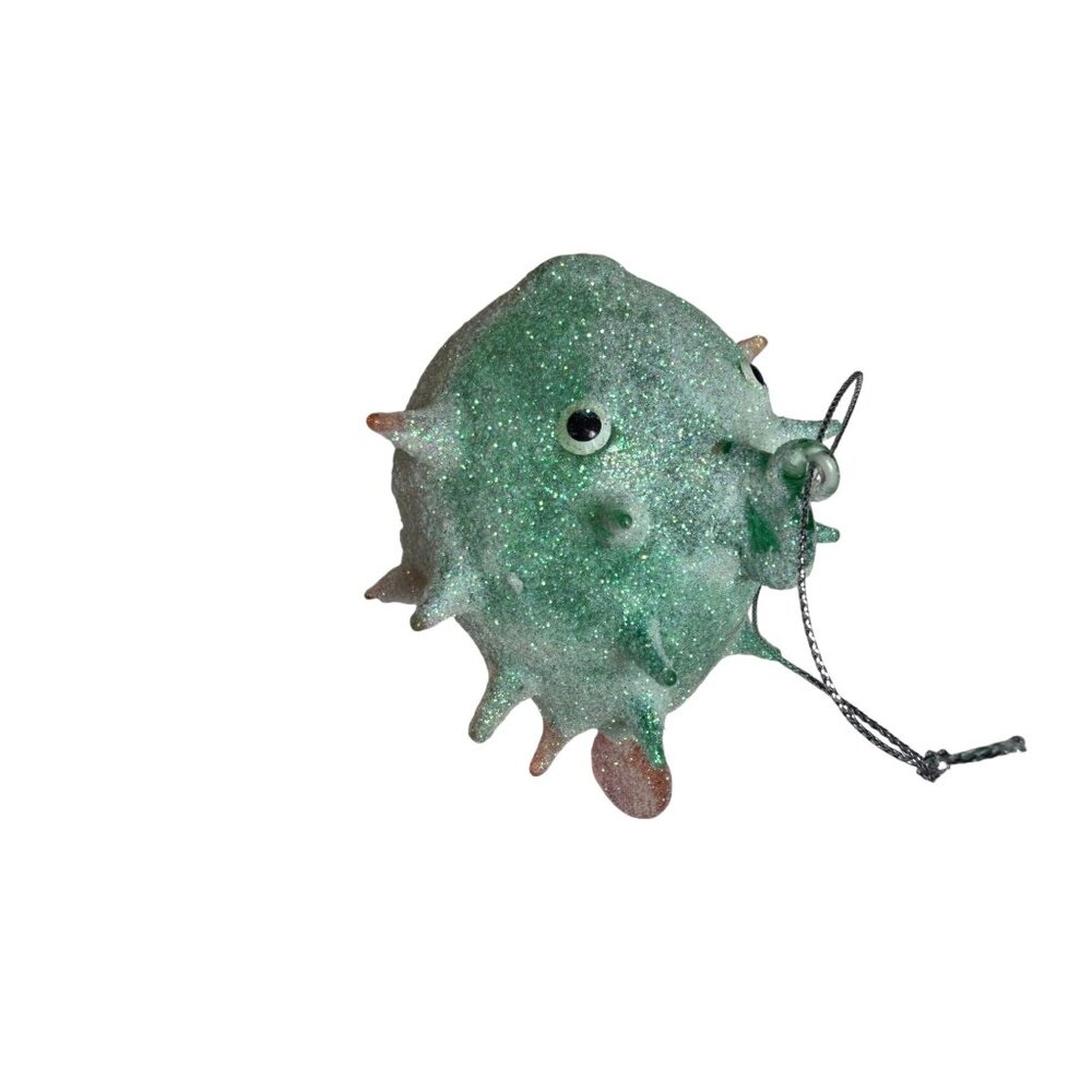 Glittery Green Puffer Fish Hanging Ornament Pier 1 Handmade Blown Glass Coastal - Picture 2 of 4
